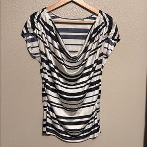 New York & Company Black and White Striped Cowl Neck Blouse
